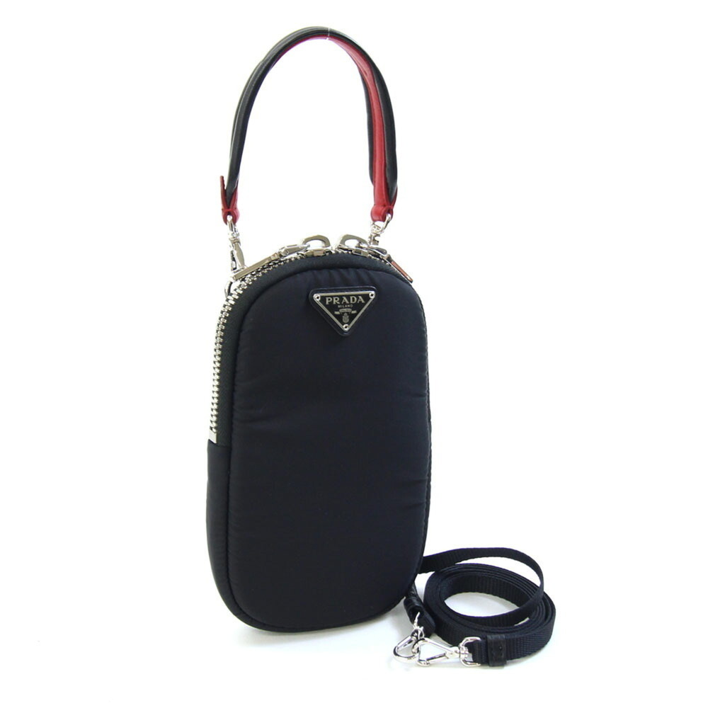 Prada Shoulder Bag 1DH030 Black Red Nylon Leather Handbag Smartphone Pouch Bi...